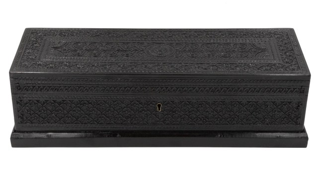 Anglo Indian Intricately Carved Solid Ebony Glove Box, Ceylon, Circa 1850.